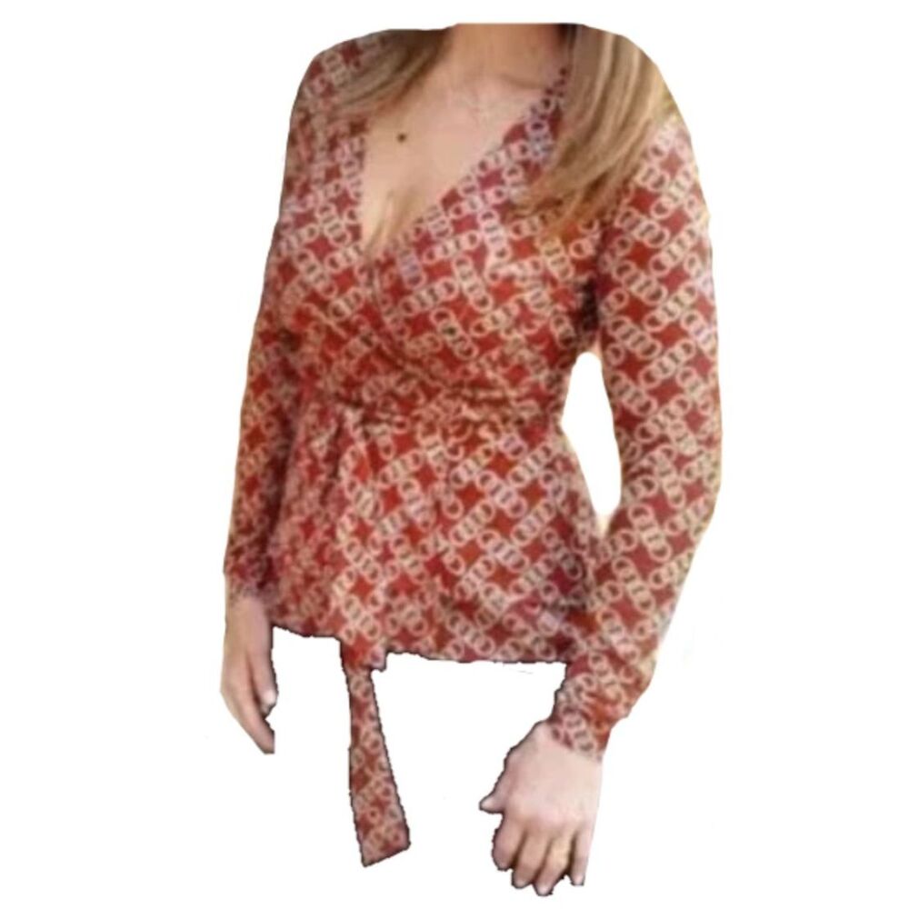 CAbi Ringleader Wrap Top Long Sleeve Signet Chain Print Blouse Size M